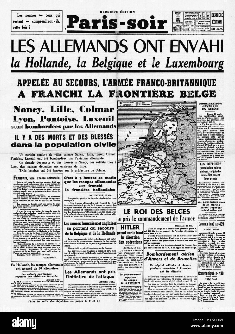 1940 Paris Soir (Francia) pagina anteriore reporting Germania invade l'Olanda, il Belgio e il Lussemburgo Foto Stock