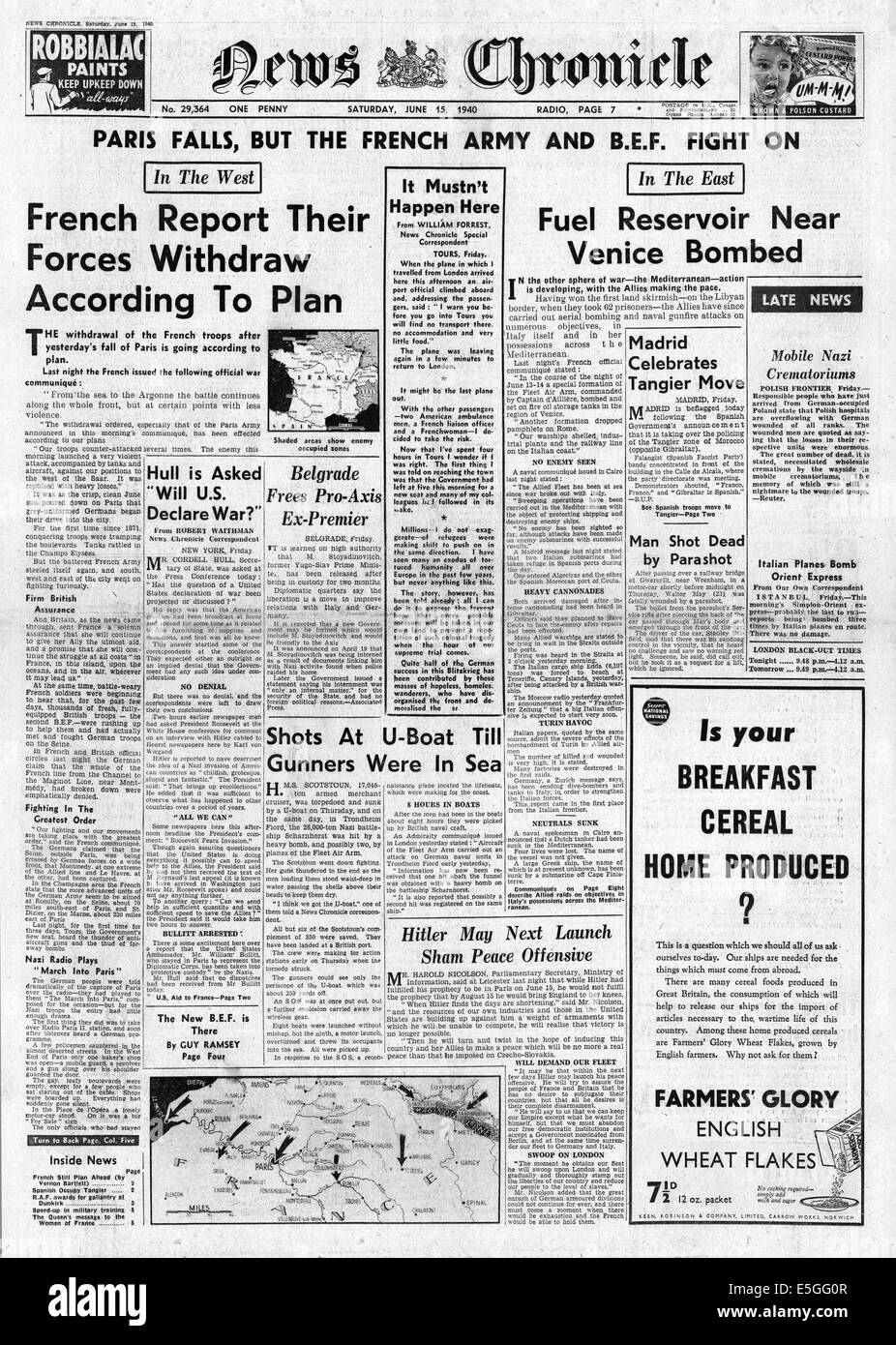 1940 News cronaca pagina anteriore reporting Parigi cade per le forze tedesche Foto Stock