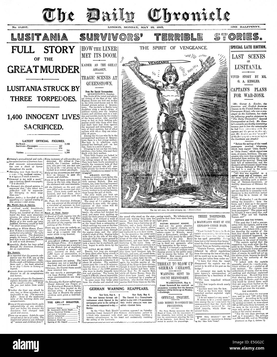 1915 cronaca quotidiana pagina anteriore segnalato al naufragio della nave passeggeri Lusitania dal sommergibile tedesco Foto Stock