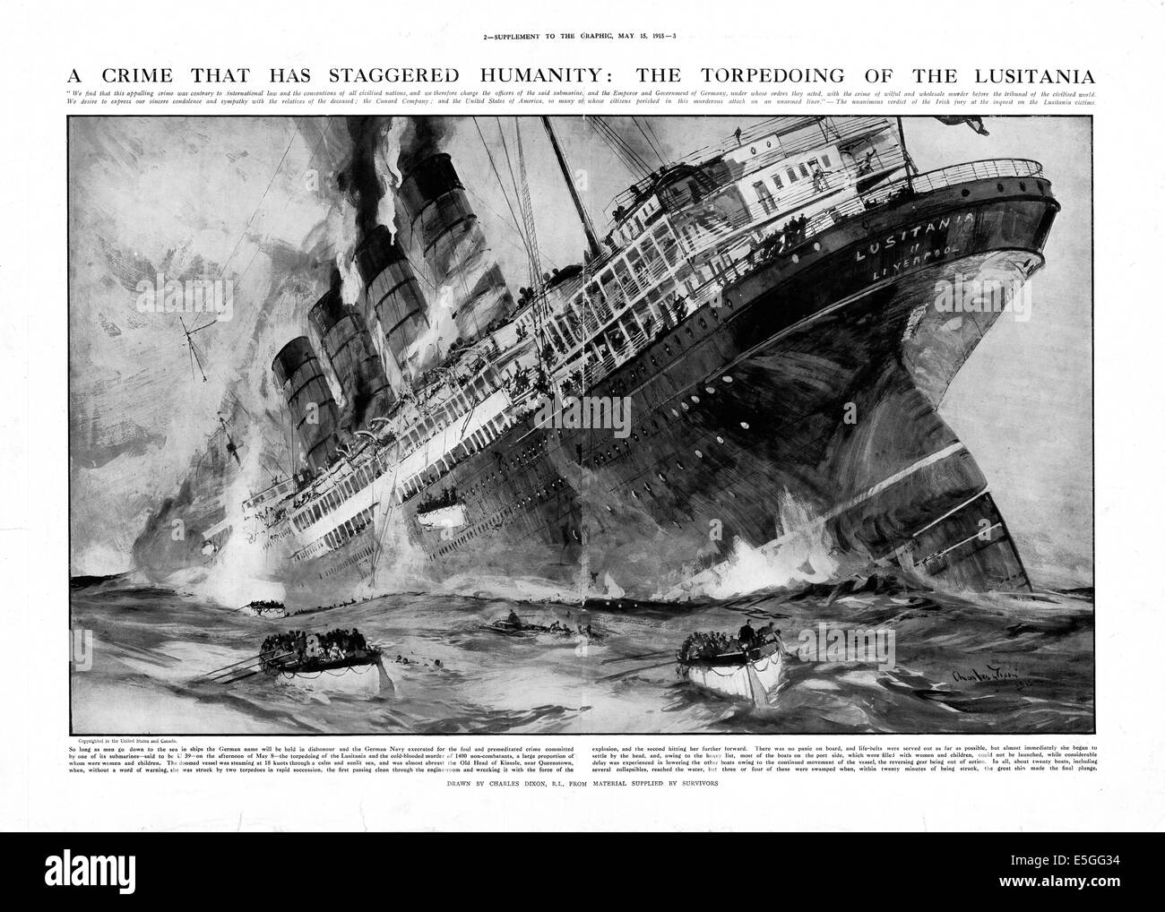 1915 La rivista grafica centro illustrazione pagina reporting il naufragio del Lusitania Foto Stock