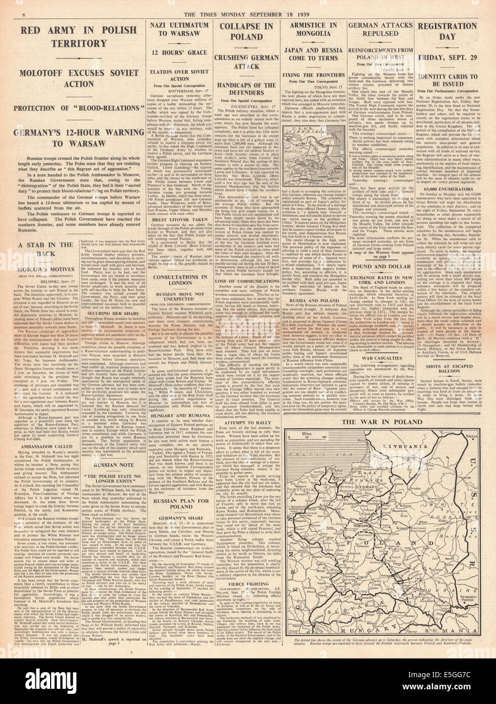 1939 i tempi pagina 6 reporting invasione sovietica della Polonia Foto Stock