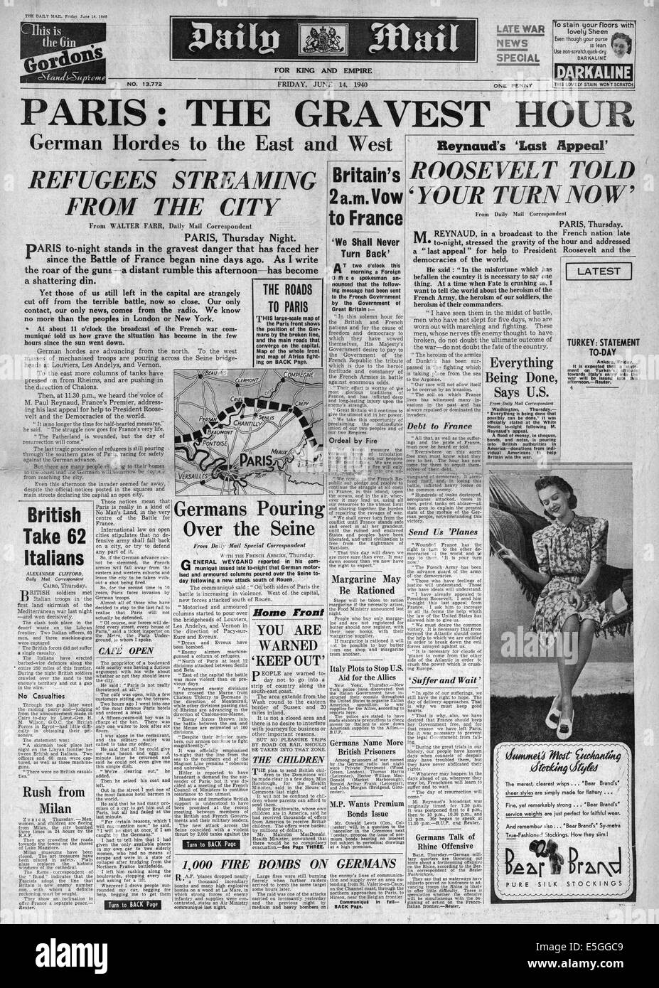 1940 Daily Mail front page reporting Parigi cade per le forze tedesche Foto Stock