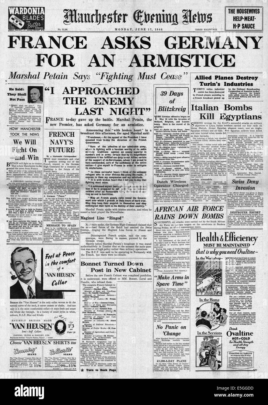 1940 Manchester Evening News front page reporting Francia si arrende alla Germania Foto Stock