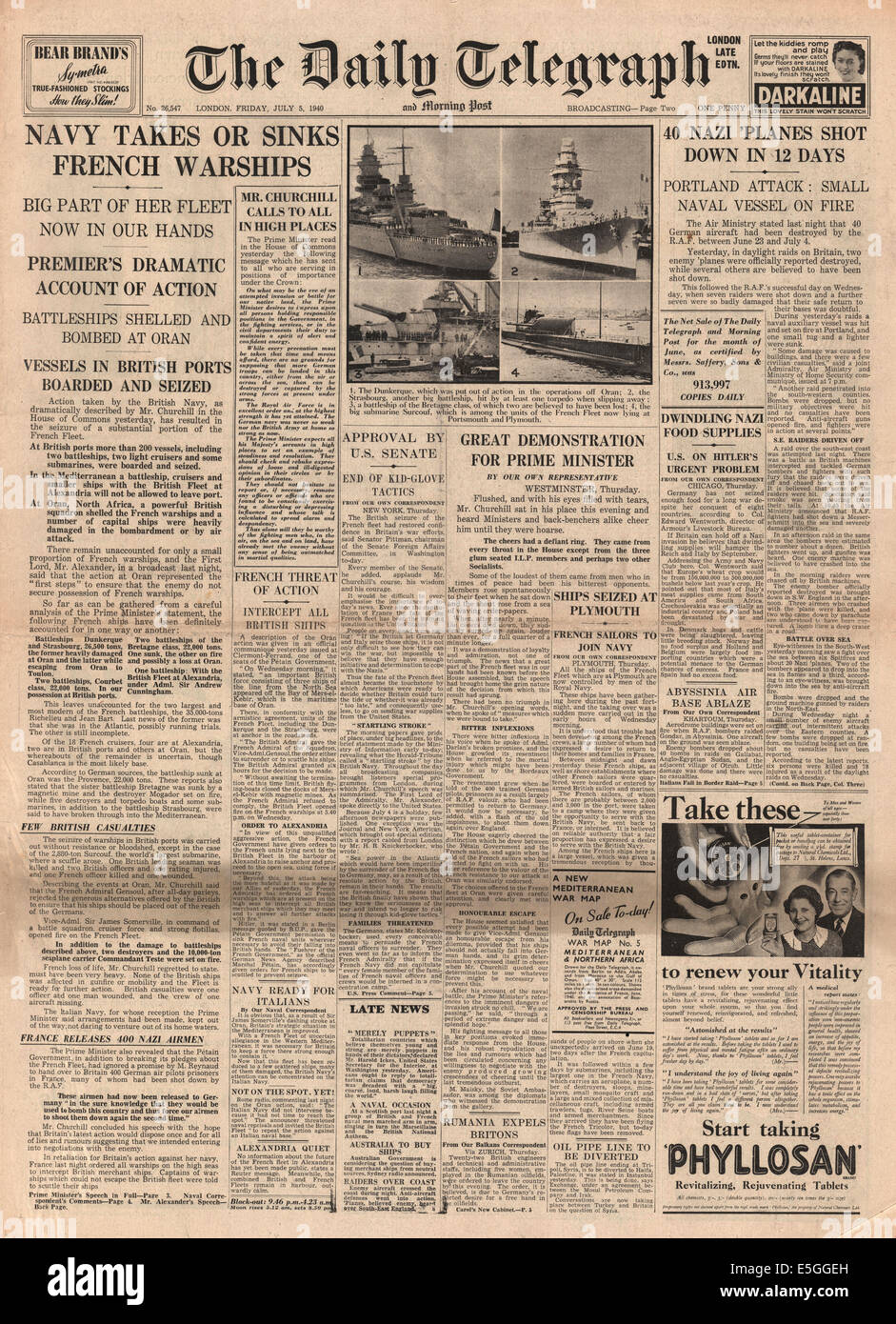 1940 Daily Telegraph front page reporting Marina Francese attaccato dalla Royal Navy in Oran (Mers-el-Kebir), Algeria Foto Stock