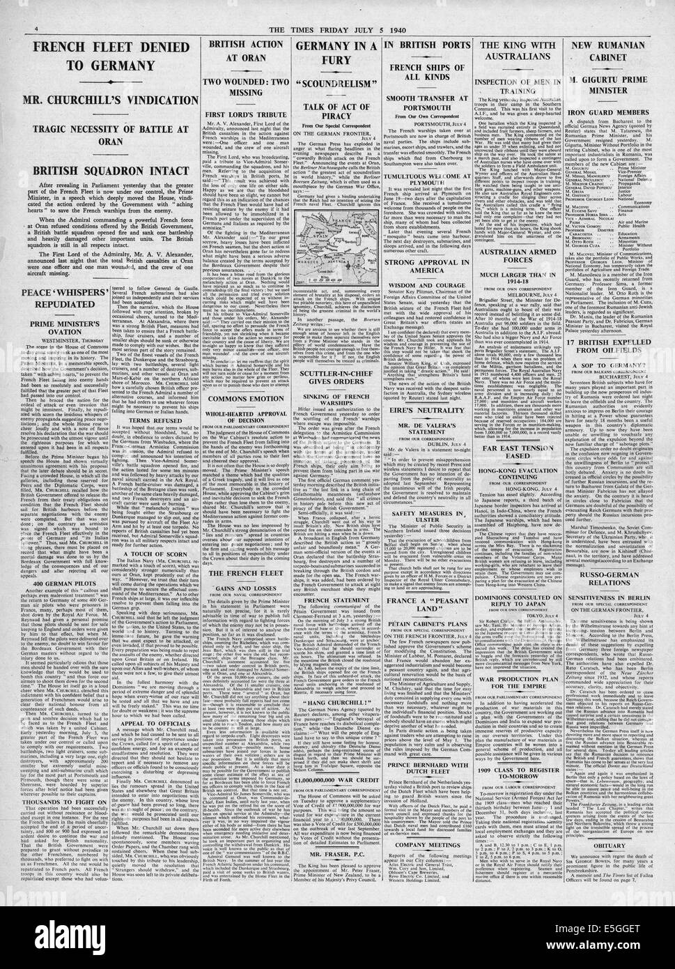 1940 i tempi pagina anteriore reporting Marina Francese attaccato dalla Royal Navy in Oran (Mers-el-Kebir) Foto Stock