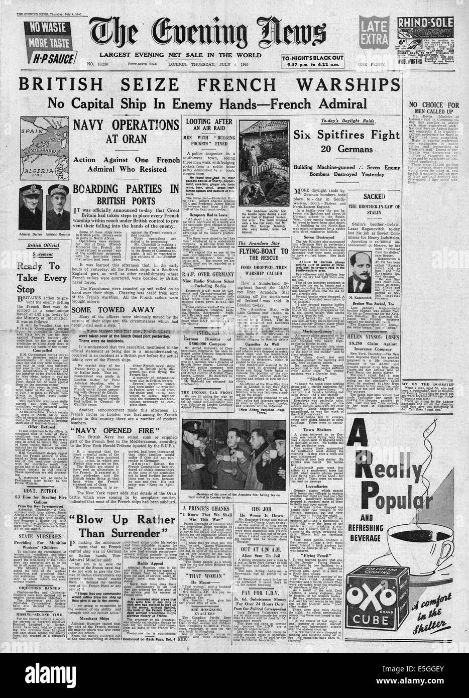 1940 Evening News (Londra) pagina anteriore reporting Marina Francese attaccato dalla Royal Navy in Oran (Mers-el-Kebir) Foto Stock