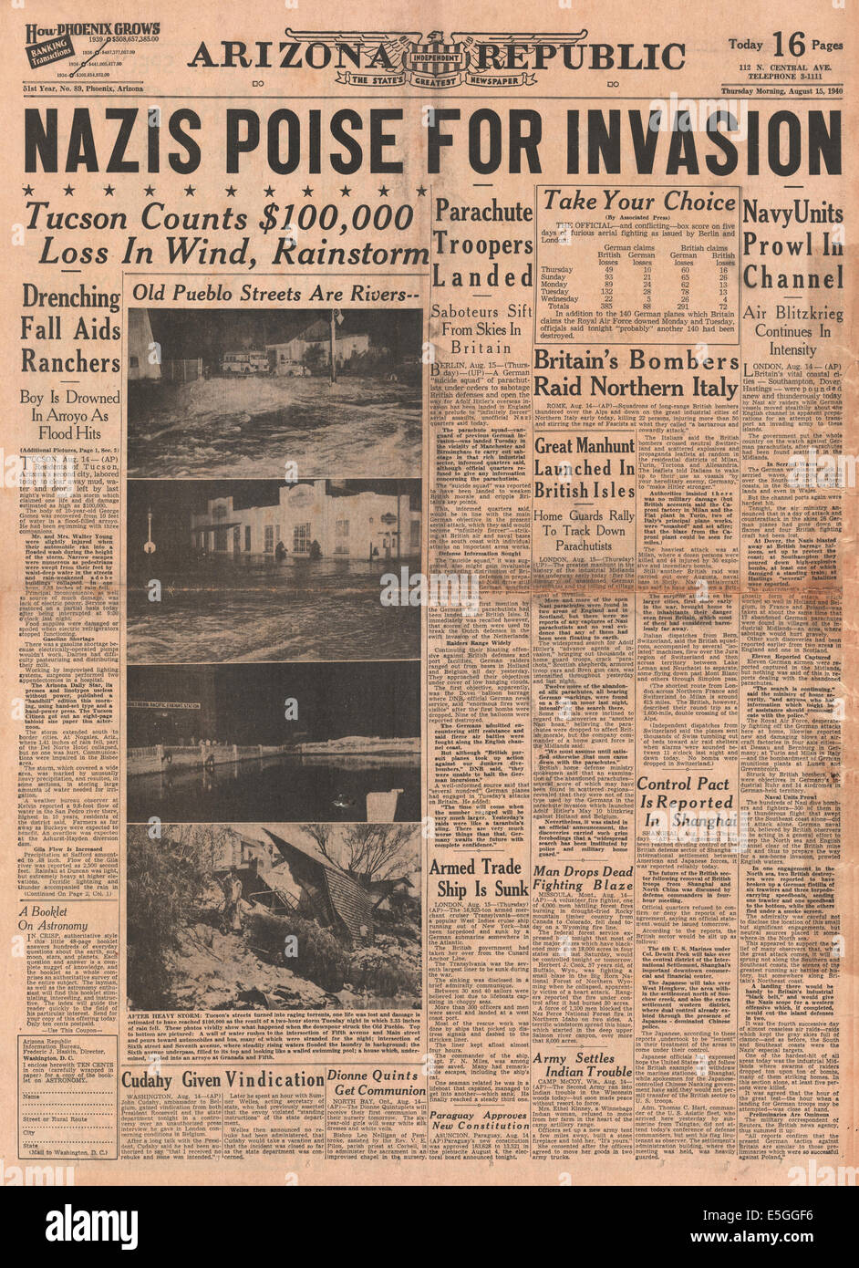 1940 Arizona Republic (USA) front page tedesco di reporting minaccia di invasione della Gran Bretagna Foto Stock