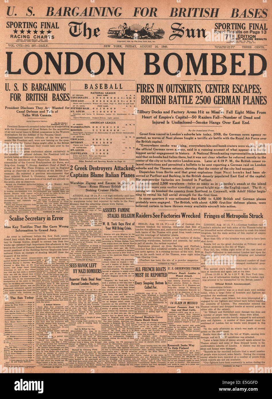 1940 Il Sole (New York) pagina anteriore reporting Luftwaffe bombardamento su Londra Foto Stock