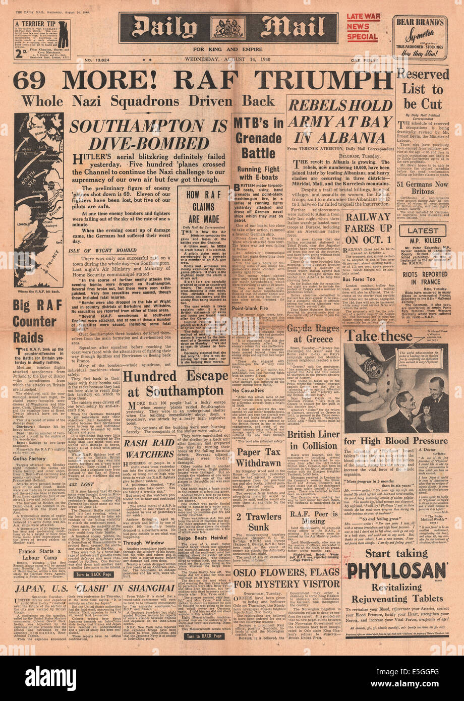 1940 Daily Mail front page reporting RAF e Luftwaffe le battaglie per il sud-est dell' Inghilterra Foto Stock