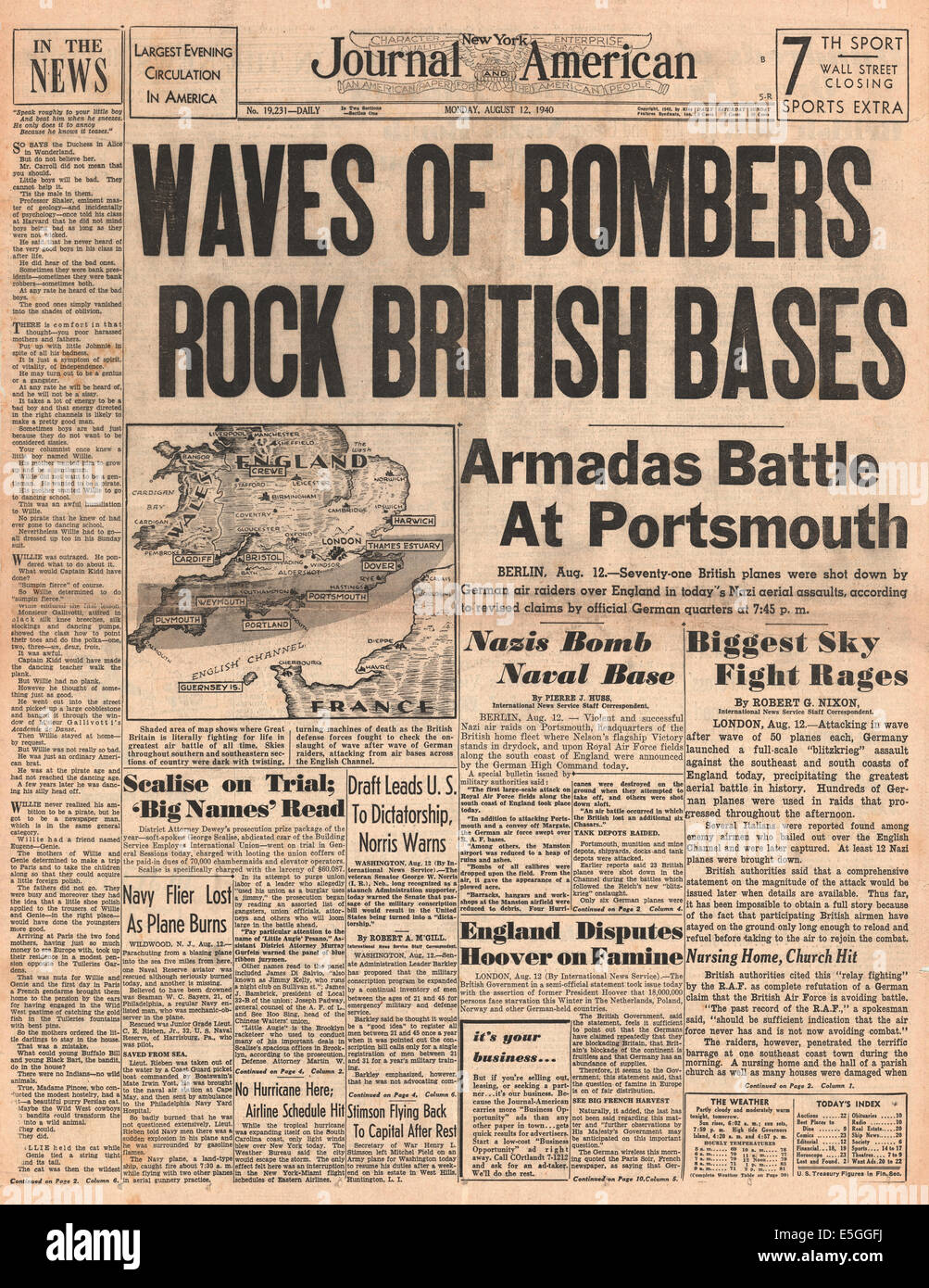 1940 New York Journal-American front page reporting bombardieri della Luftwaffe raid a sud est e sud della costa dell'Inghilterra Foto Stock