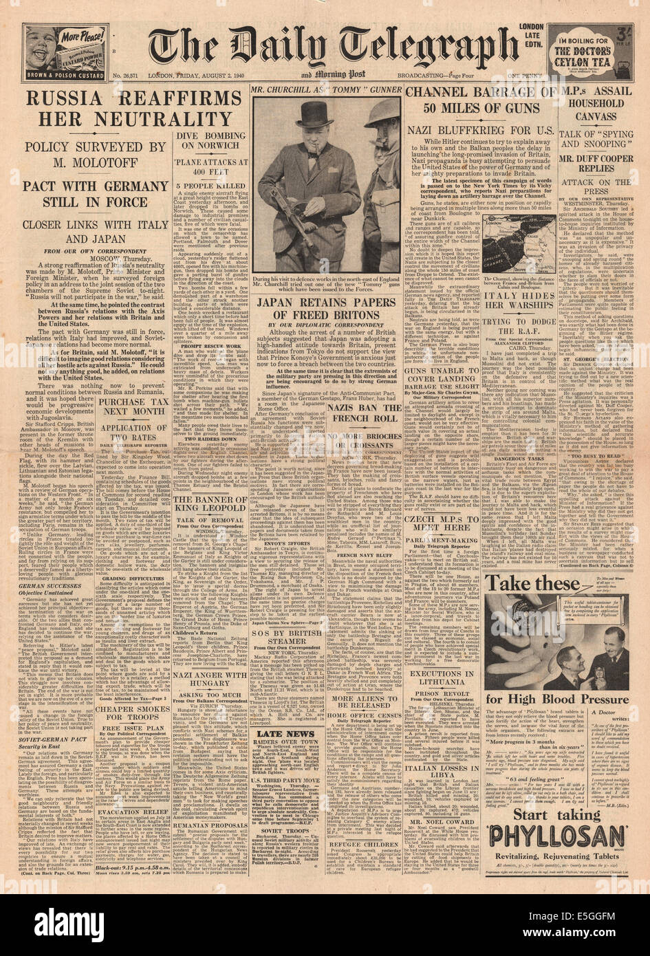 1940 Daily Telegraph front page reporting Russia Sovietica ribadisce la sua neutralità e il patto con la Germania resta in vigore Foto Stock