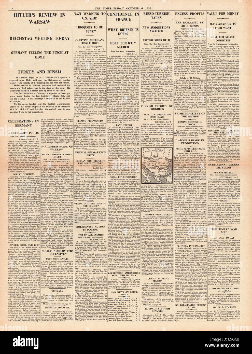 1939 i tempi Pagina 8 di reporting e navale di guerra sottomarina e minaccia dalla Germania per affondare US shipping Foto Stock
