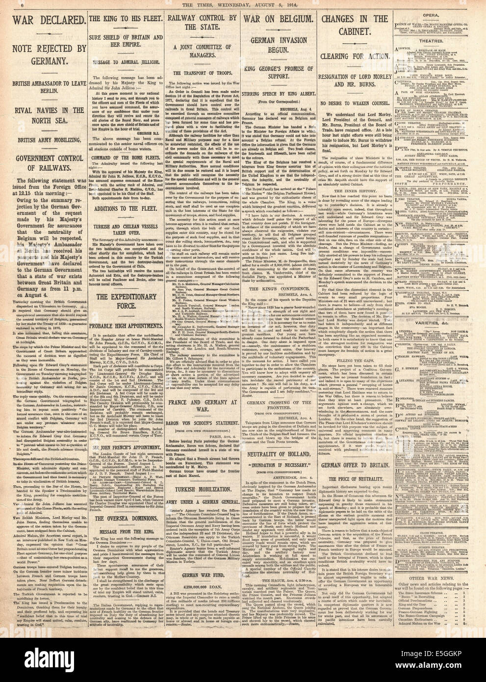 1914 i tempi pagina 6 reporting della Gran Bretagna la dichiarazione di guerra alla Germania Foto Stock