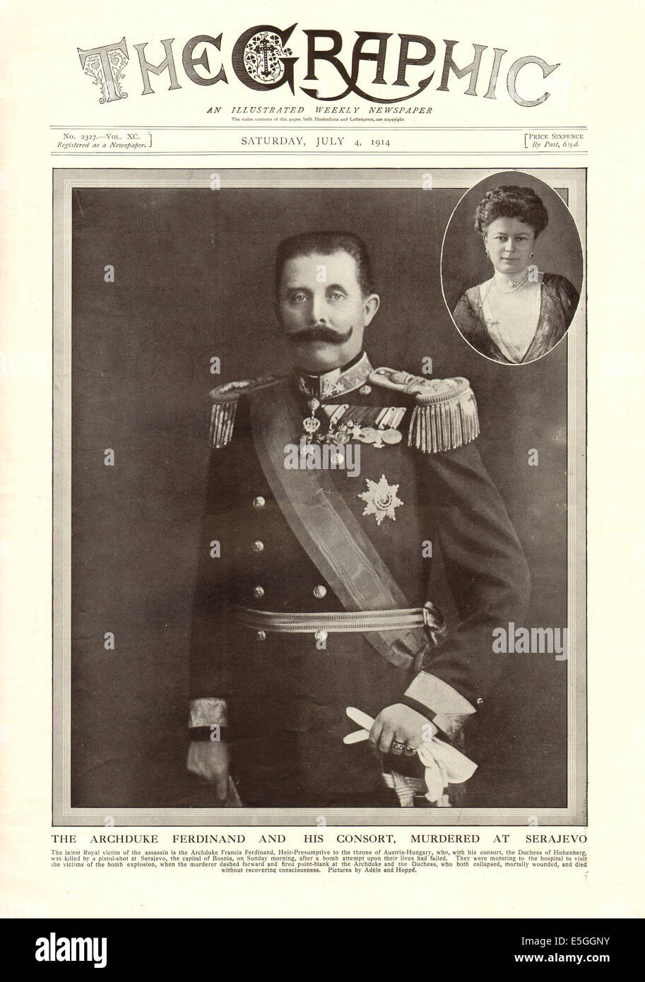 1914 La grafica della pagina anteriore reporting arciduca Ferdinando e la sua consorte assassinato a Sarajevo Foto Stock