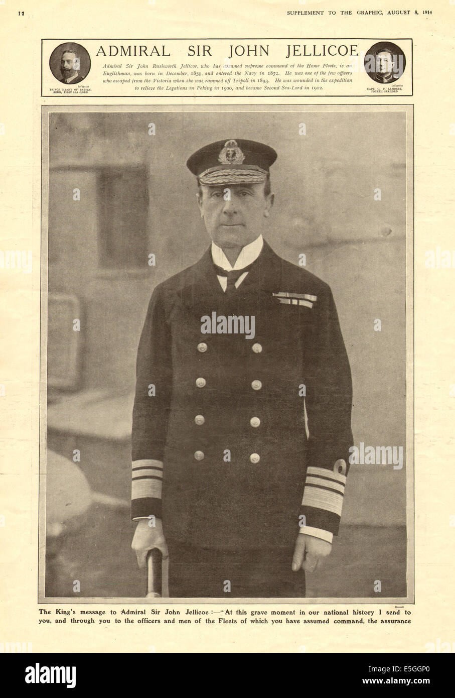 1914 La grafica della pagina anteriore reporting ammiraglio sir John Jellicoe Prima Guerra Mondiale Foto Stock