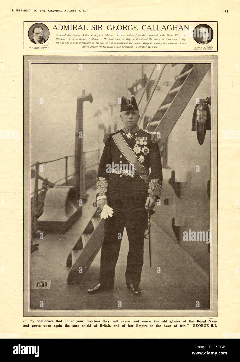 1914 La grafica della pagina anteriore reporting ammiraglio sir George Gallaghan la Prima Guerra Mondiale Foto Stock