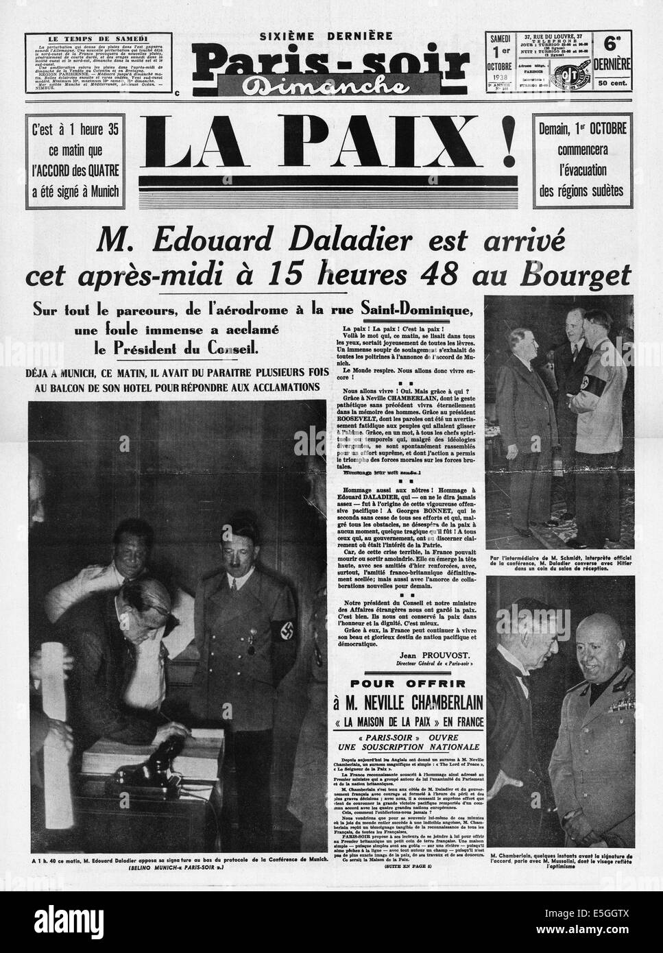 1938 Paris Soir (Francia) pagina anteriore segnalato la firma del Monaco di Baviera accordo di pace Foto Stock