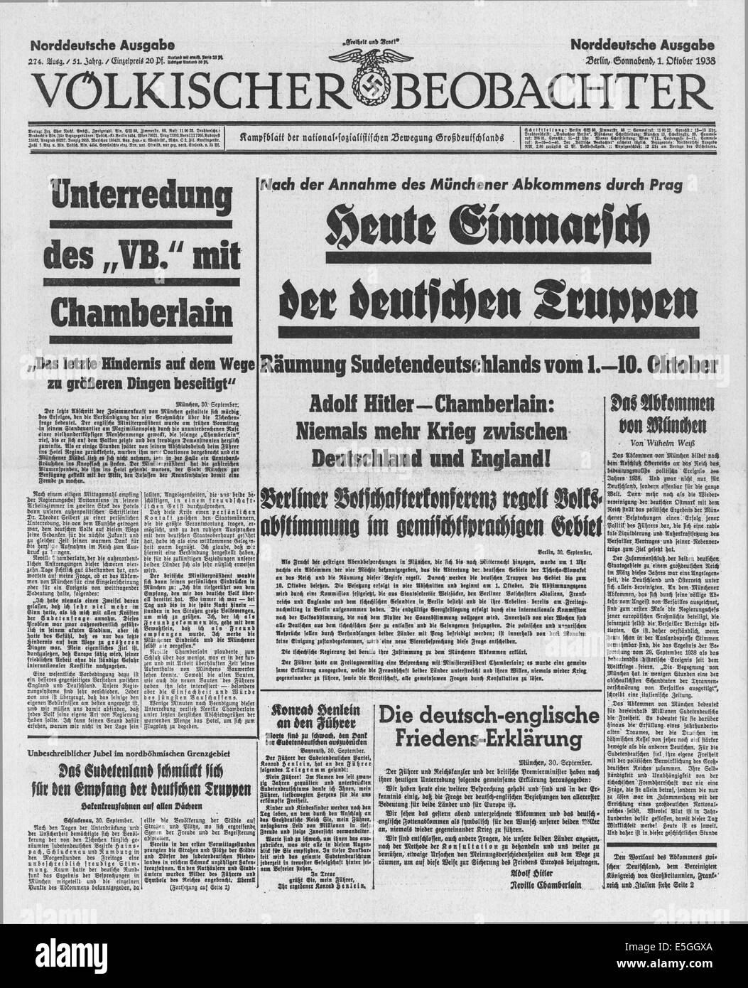 1938 Völkischer Beobachter (Germania) pagina anteriore segnalato le truppe tedesche immettere il Sudetenland dopo la firma del Monaco di Baviera accordo di pace Foto Stock