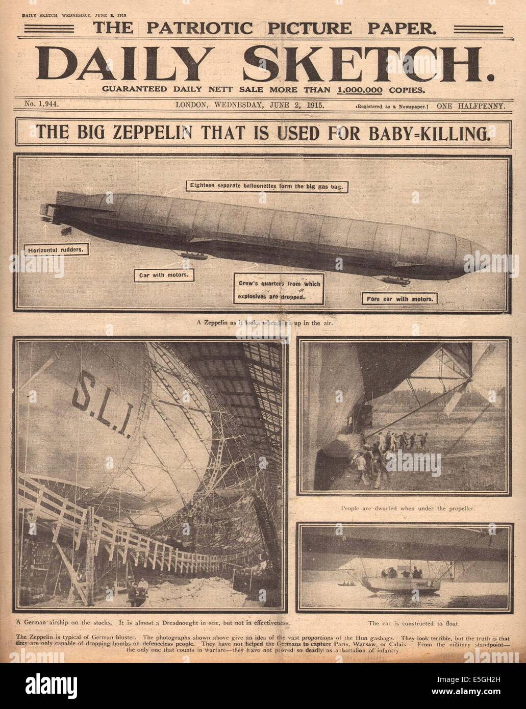 1915 Daily Sketch front page Zeppelin reporting Foto Stock