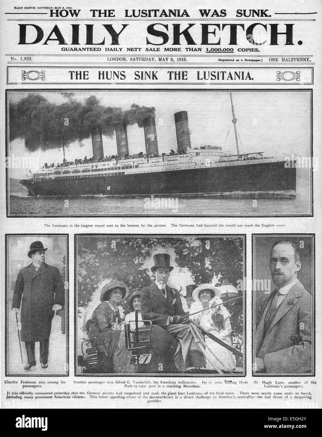 1915 Daily Sketch pagina anteriore segnalato il naufragio del Lusitania Foto Stock