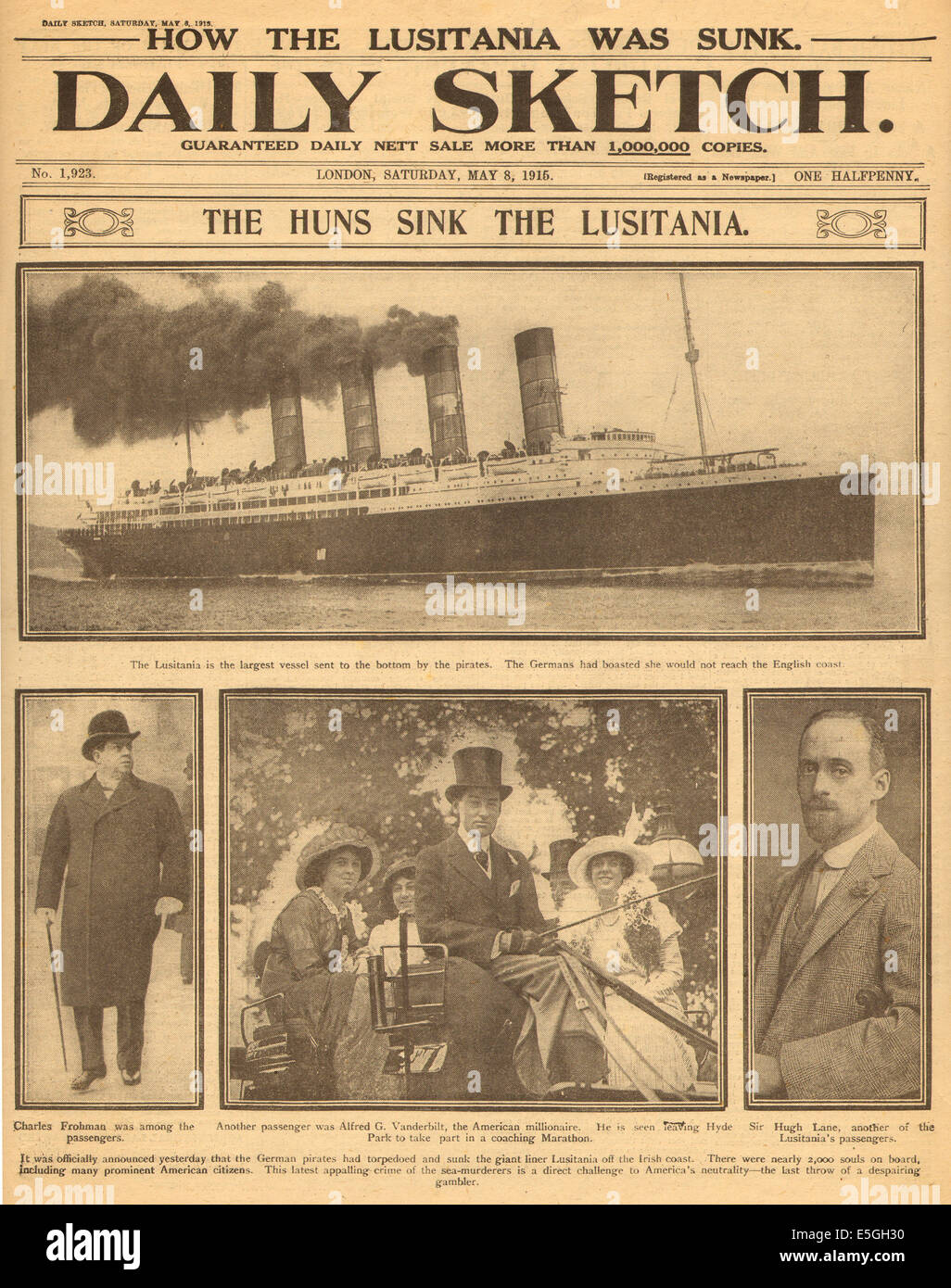 1915 Daily Sketch pagina anteriore segnalato il naufragio del Lusitania Foto Stock