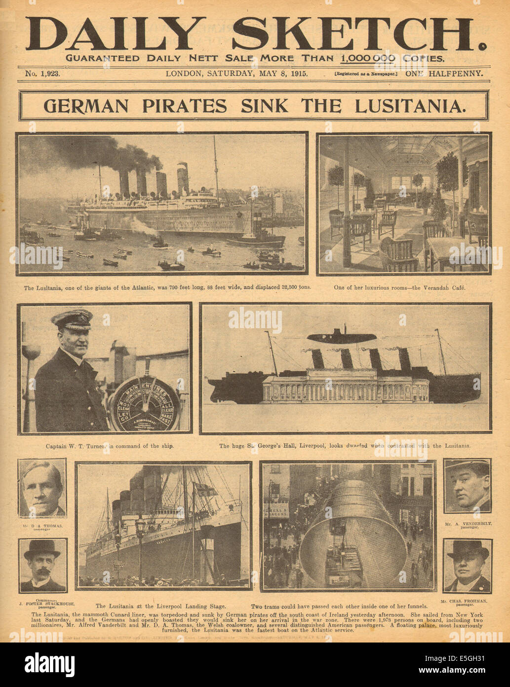 1915 Daily Sketch pagina anteriore segnalato il naufragio del Lusitania Foto Stock