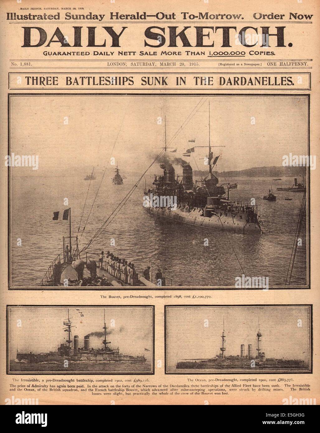 1915 Daily Sketch pagina anteriore reporting HMS Bouvet, HMS irresistibile & HMS Ocean Affondato nello stretto dei Dardanelli Foto Stock