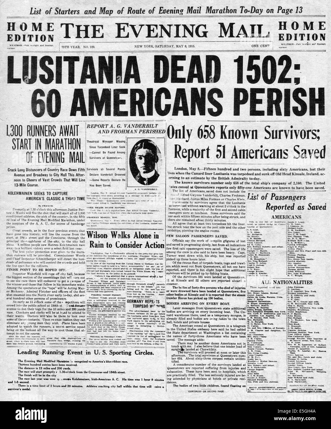 1915 Serata Mail pagina anteriore reporting affondamento del Lusitania Foto Stock