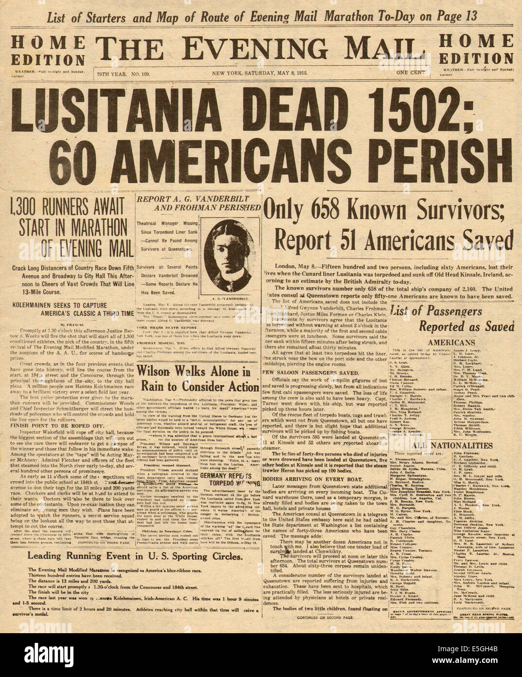 1915 Serata Mail pagina anteriore reporting affondamento del Lusitania Foto Stock