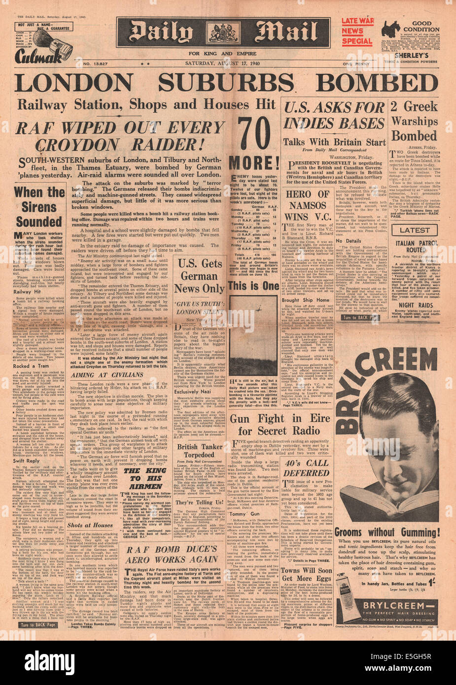 1940 Daily Mail front page Luftwaffe di reporting di bombardare i sobborghi di Londra Foto Stock