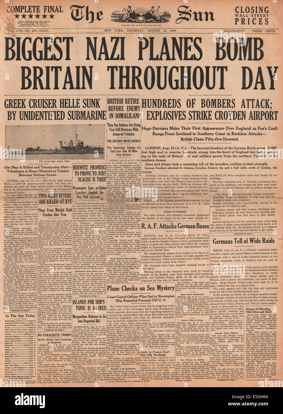 1940 Il Sole (New York) pagina anteriore reporting Luftwaffe bombardamenti su Londra e il Sud Est Inghilterra Foto Stock