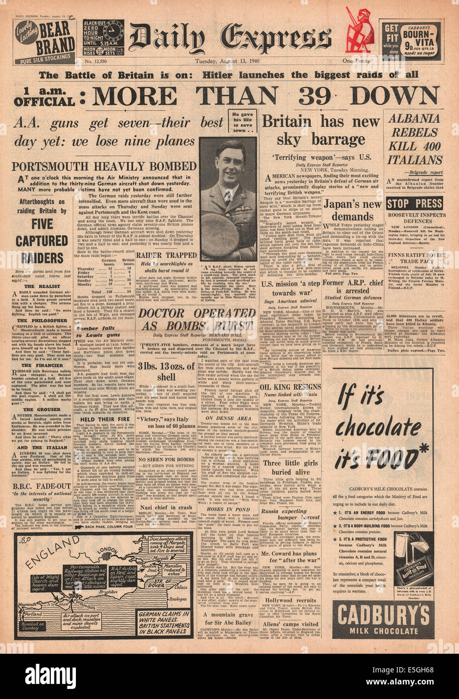 1940 Daily Express seconda edizione pagina anteriore reporting Luftwaffe incursioni aeree su Londra e il Sud Est Inghilterra Foto Stock