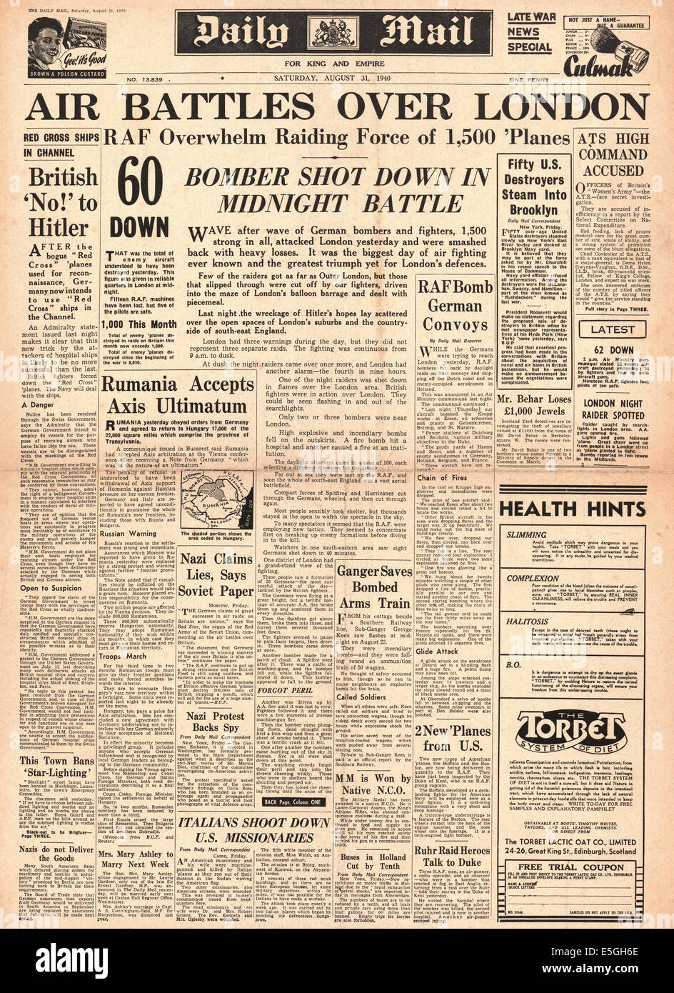 1940 Daily Mail front page reporting Luftwaffe bombardamento su Londra Foto Stock
