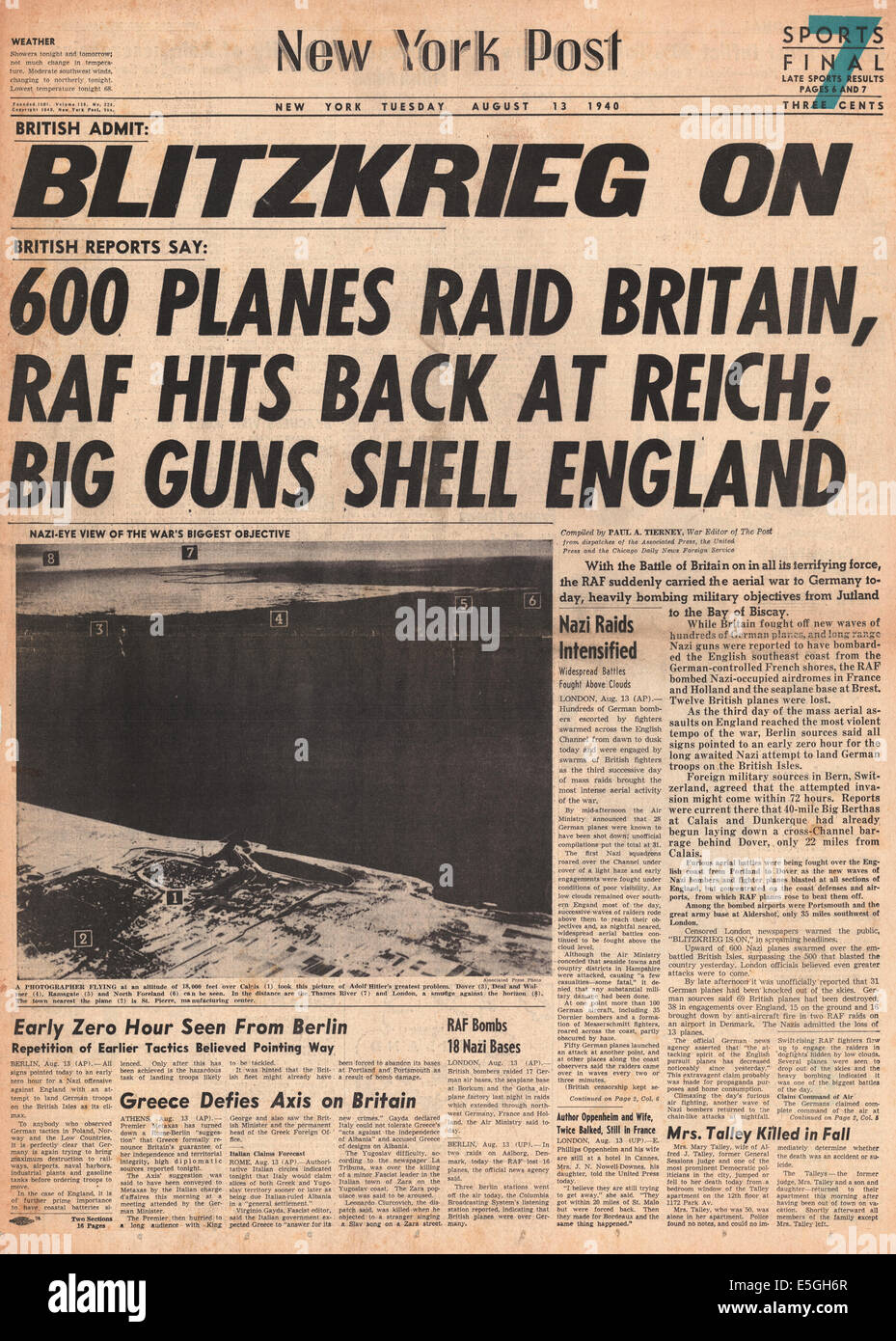 1940 New York Post pagina anteriore reporting Luftwaffe incursioni in Gran Bretagna e RAF incursioni in Germania e occupati in Europa occidentale Foto Stock