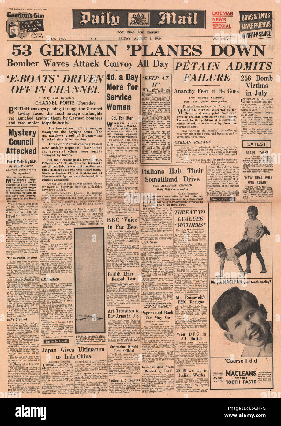 1940 Daily Mail front page reporting battaglie RAF Luftwaffe oltre a Sud Est Inghilterra Foto Stock