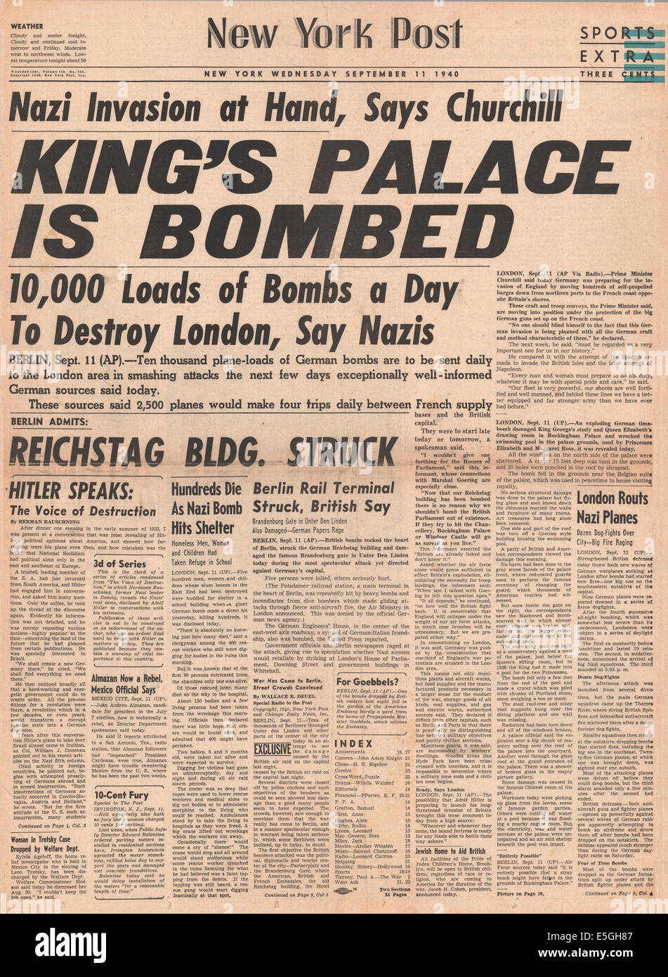 1940 New York Post pagina anteriore reporting Buckingham Palace ha bombardato in aria raid su Londra Foto Stock