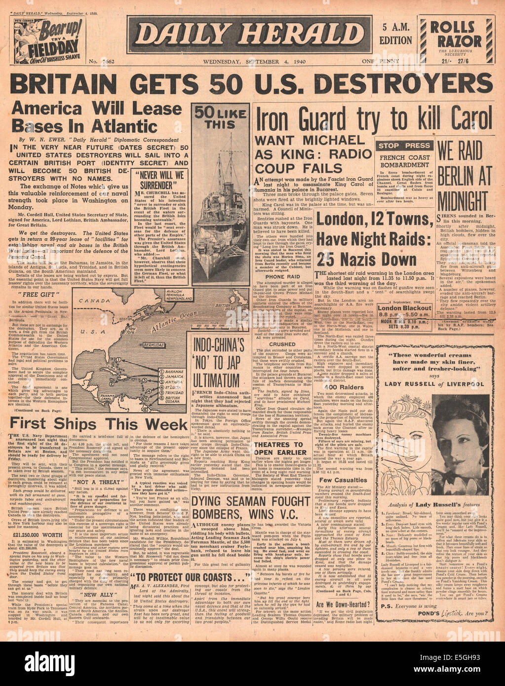 1940 Daily Herald pagina anteriore reporting USA offre la Gran Bretagna 50 cacciatorpediniere della marina Foto Stock