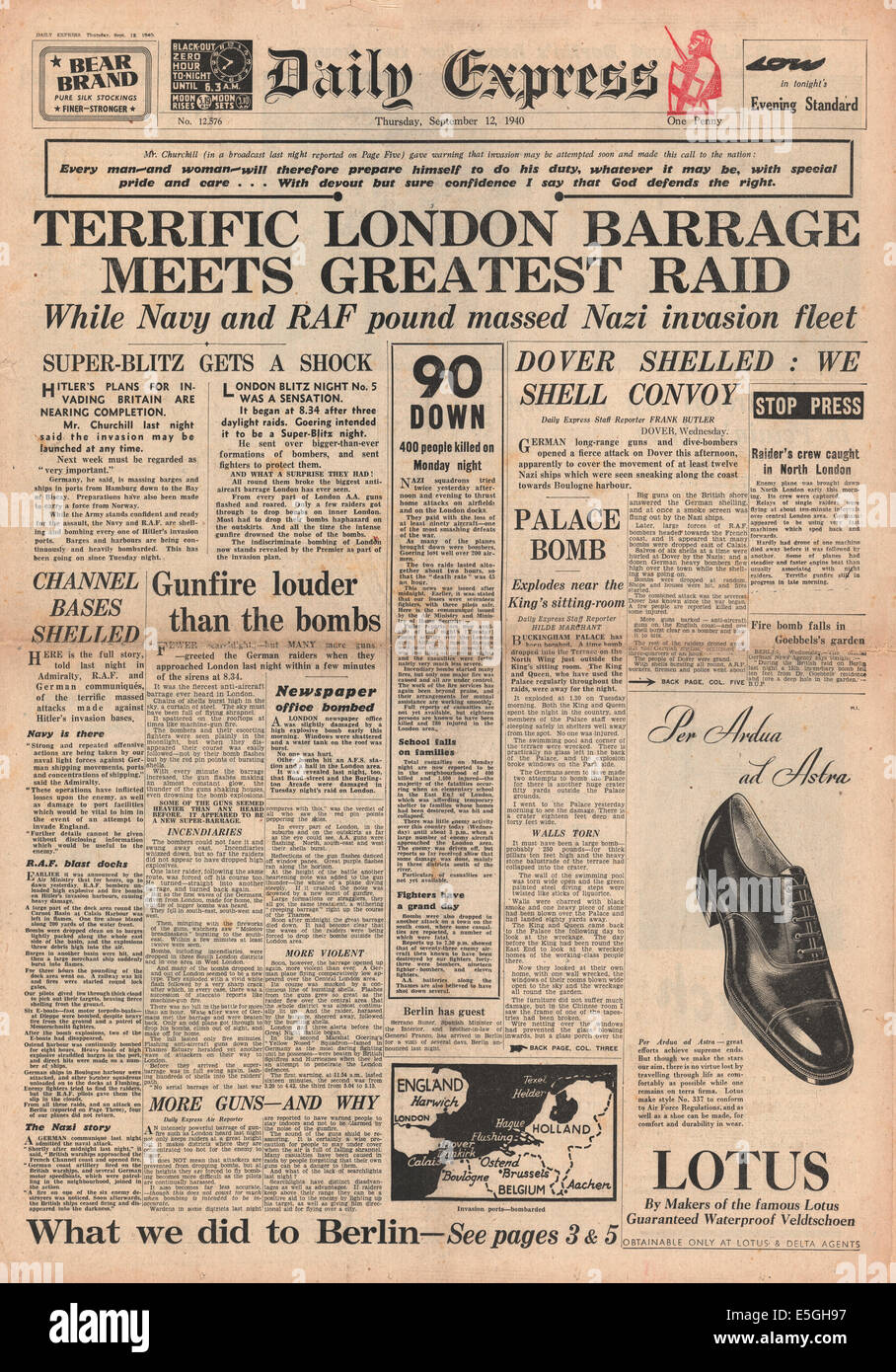1940 Daily Express front page reporting RAF e Luftwaffe le battaglie per Londra e il Sud Est Inghilterra Foto Stock
