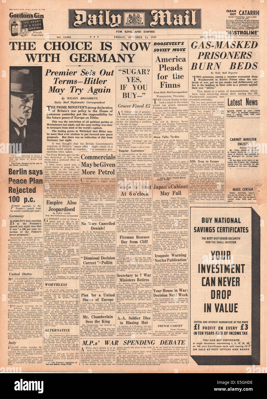 1939 Daily Mail front page reporting Neville Chamberlain il discorso alla House of Commons il Germania offerta di pace Foto Stock