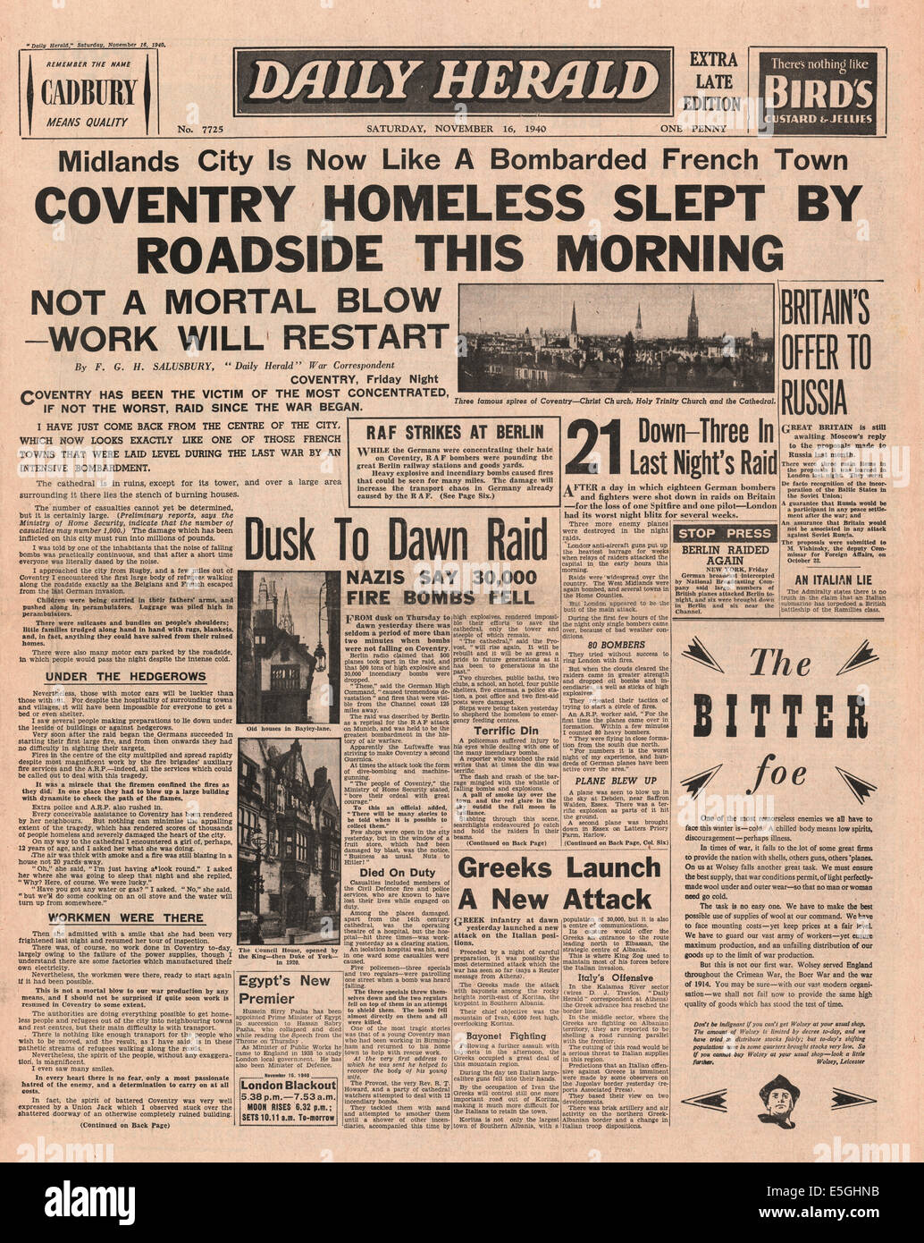 1940 Daily Herald pagina anteriore reporting bombardamenti di Coventry dalla Luftwaffe tedesca Foto Stock