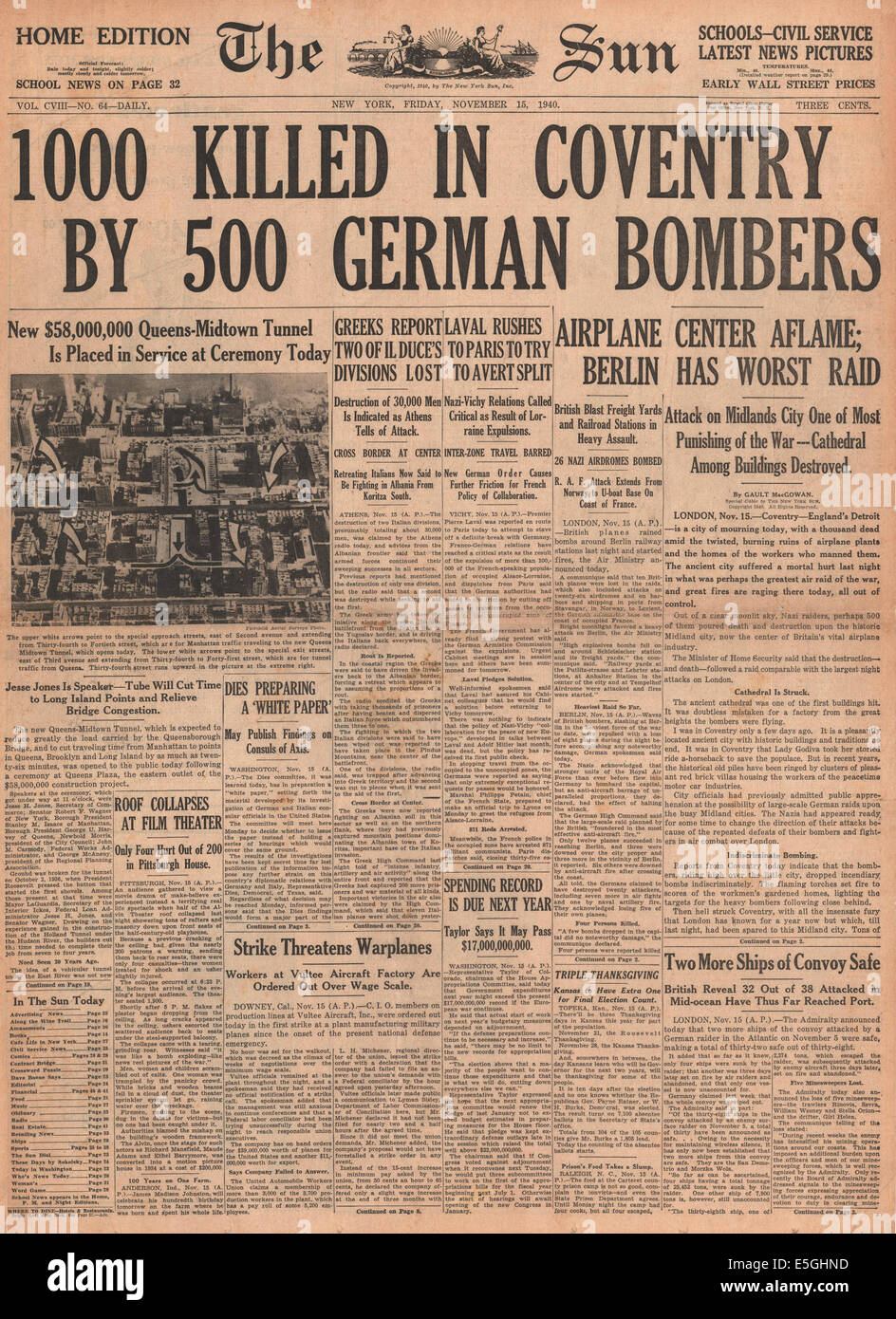 1940 Il Sole (New York) pagina anteriore reporting bombardamenti di Coventry dalla Luftwaffe tedesca Foto Stock