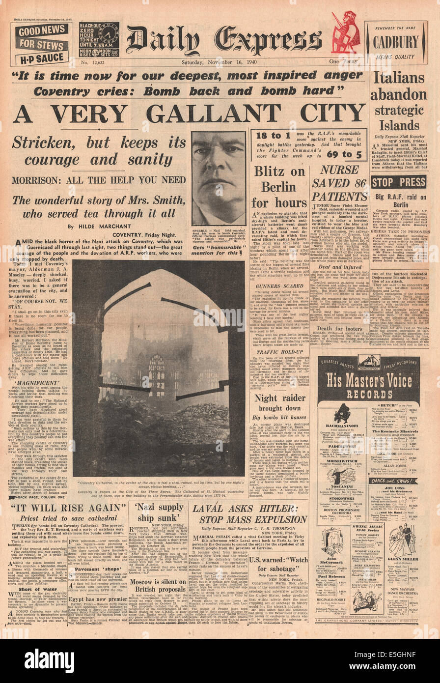 1940 Daily Express front page reporting bombardamenti di Coventry dalla Luftwaffe tedesca Foto Stock