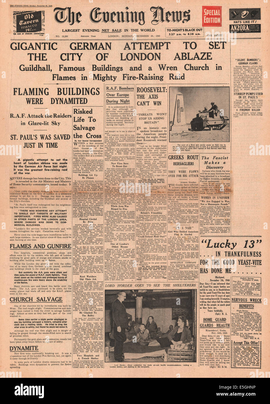1940 Evening News (Londra) pagina anteriore reporting Luftwaffe pesante bombardamento su Londra durante il blitz Foto Stock