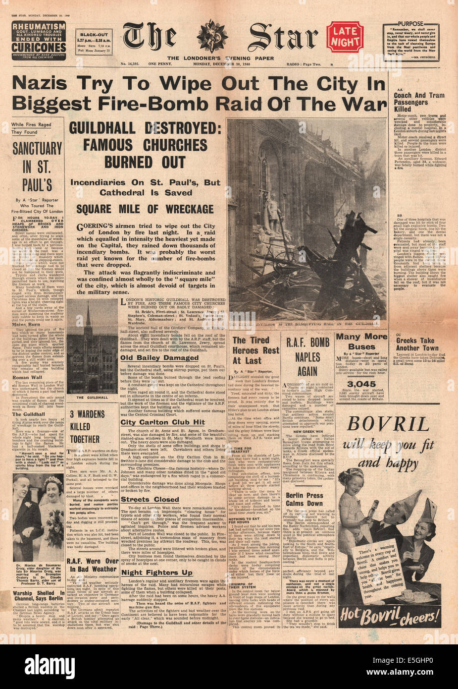 1940 Stella (Londra) pagina anteriore reporting Luftwaffe pesante bombardamento su Londra durante il blitz Foto Stock