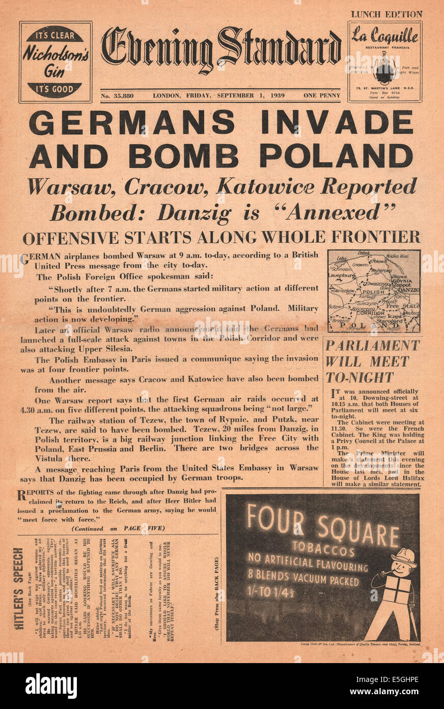 1939 Evening Standard (Londra) pagina anteriore segnalato l invasione della Polonia dalla Germania nazista Foto Stock