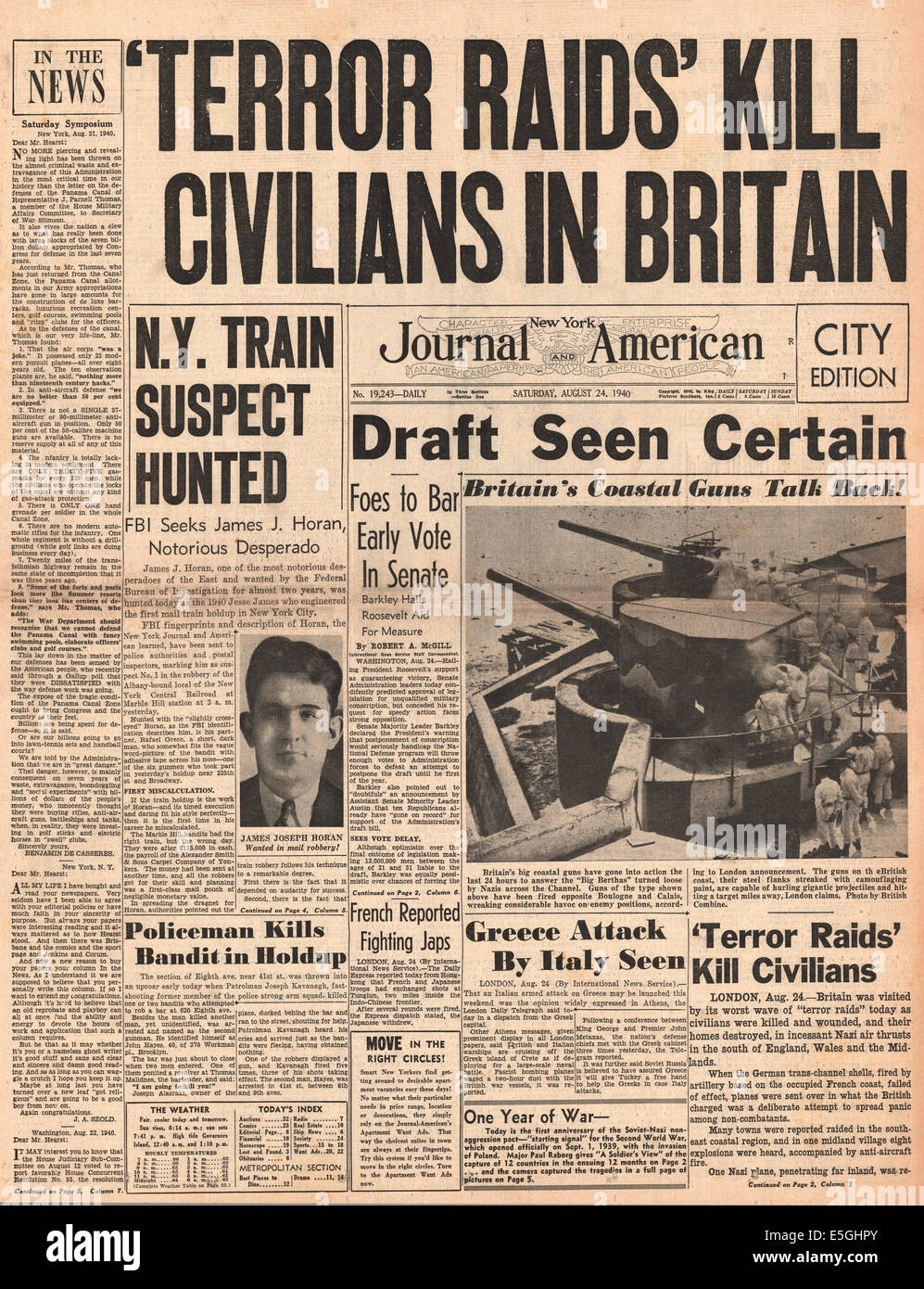 1940 New York Journal American front page reporting Luftwaffe bombardamenti attraverso il Sud Est Inghilterra Foto Stock