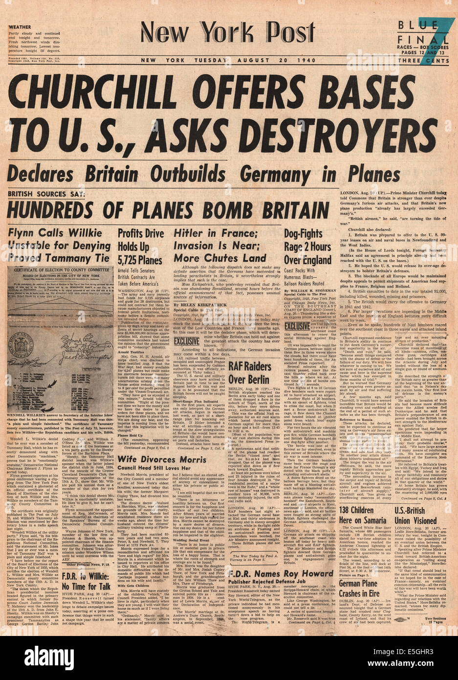 1940 New York Post pagina anteriore reporting Winston Churchill offre gli Stati Uniti British Air e le basi navali di Terranova e West Indies in ritorno per il cacciatorpediniere NEGLI STATI UNITI Foto Stock