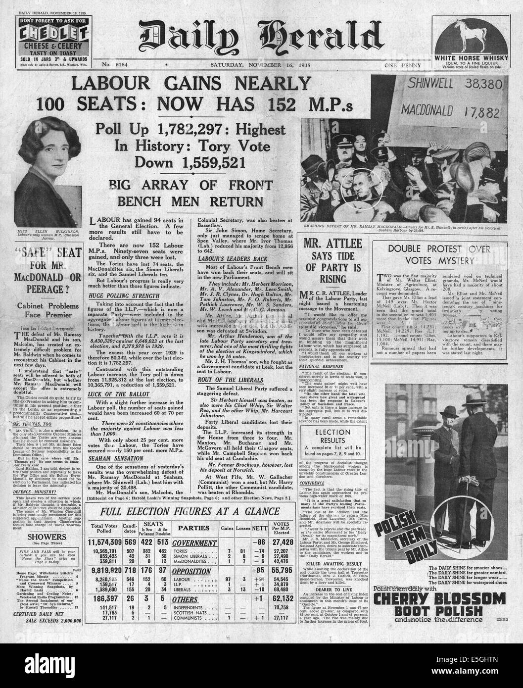 1935 Daily Herald pagina anteriore reporting Stanley Baldwin del partito conservatore di vincere le elezioni generali Foto Stock