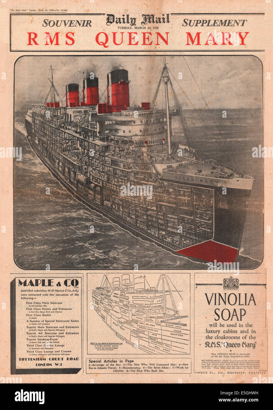 1936 Daily Mail front page Maiden Voyage Supplemento di Souvenir di RMS Queen Mary Foto Stock