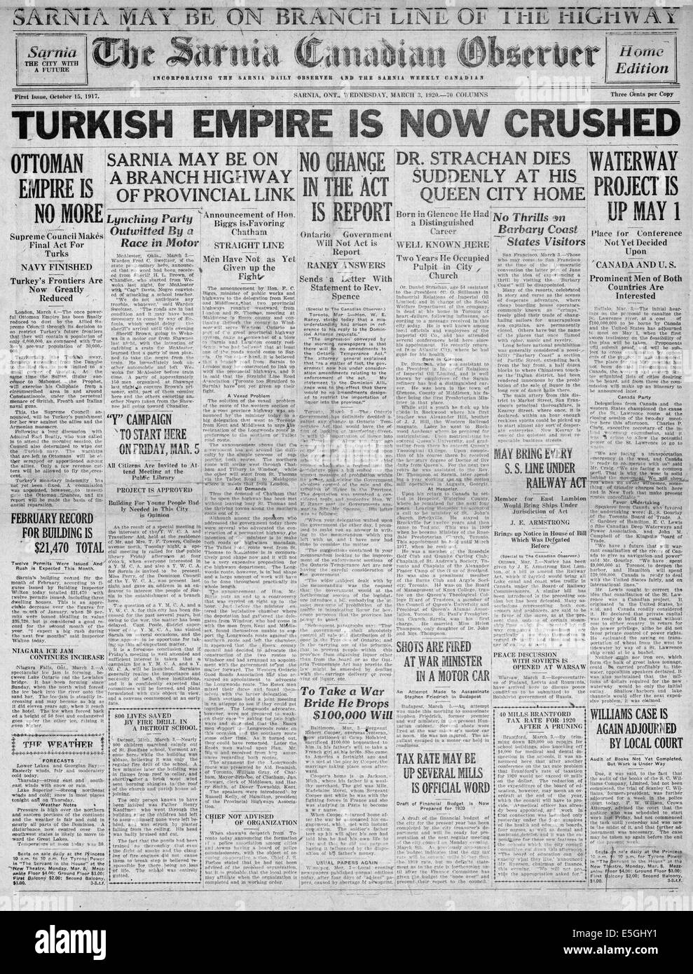 1920 Sarnia osservatore canadese front page reporting sulla guerra turca di indipendenza e di fine del Bagno Turco/Ottomano Foto Stock